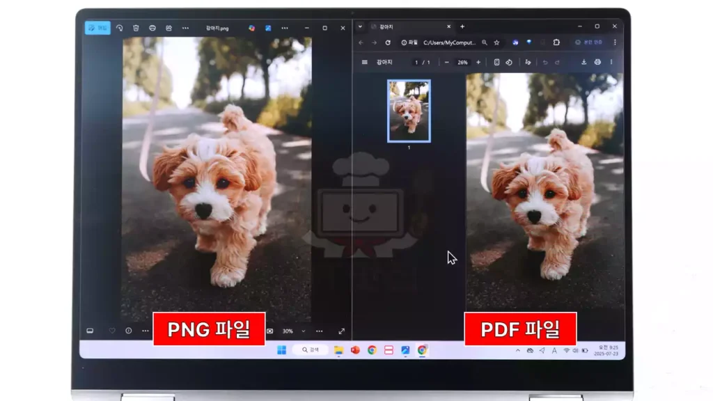 PNG 원본과 변환된 PDF 파일이 모두 선명하게 열려 있는 화면