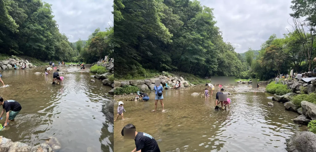 남한산성-계곡-카페-개울테라스-물놀이-아이와-여름휴가 남한산성 개울테라스 뒤 계곡에서 물놀이 중인 가족과 아이들